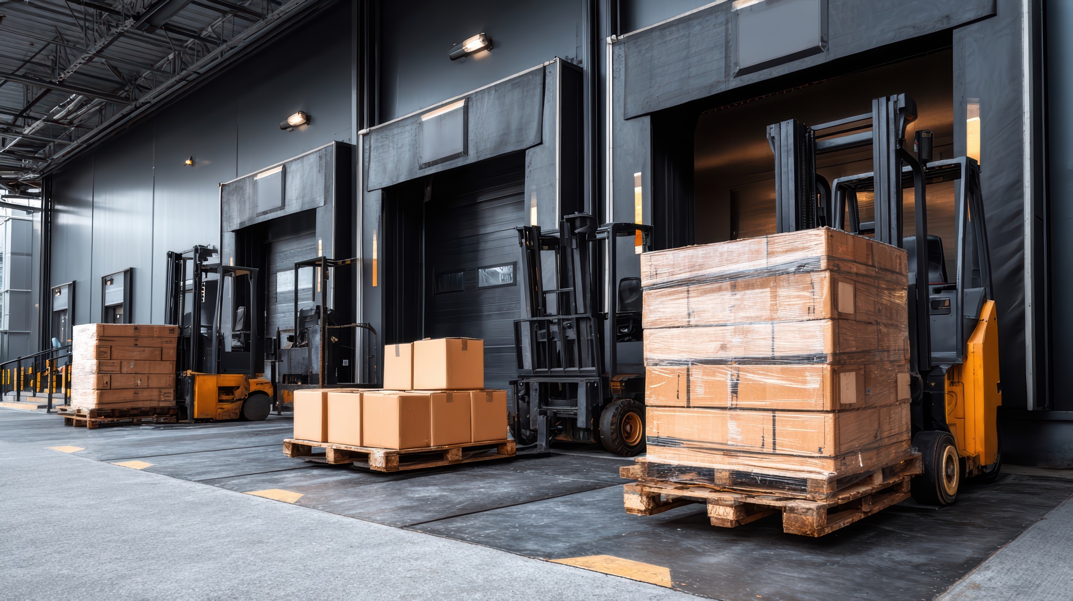 Armazém com porta-pallets e empilhadeira